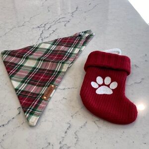 Plaid Bandana and Red Paw Stocking Set